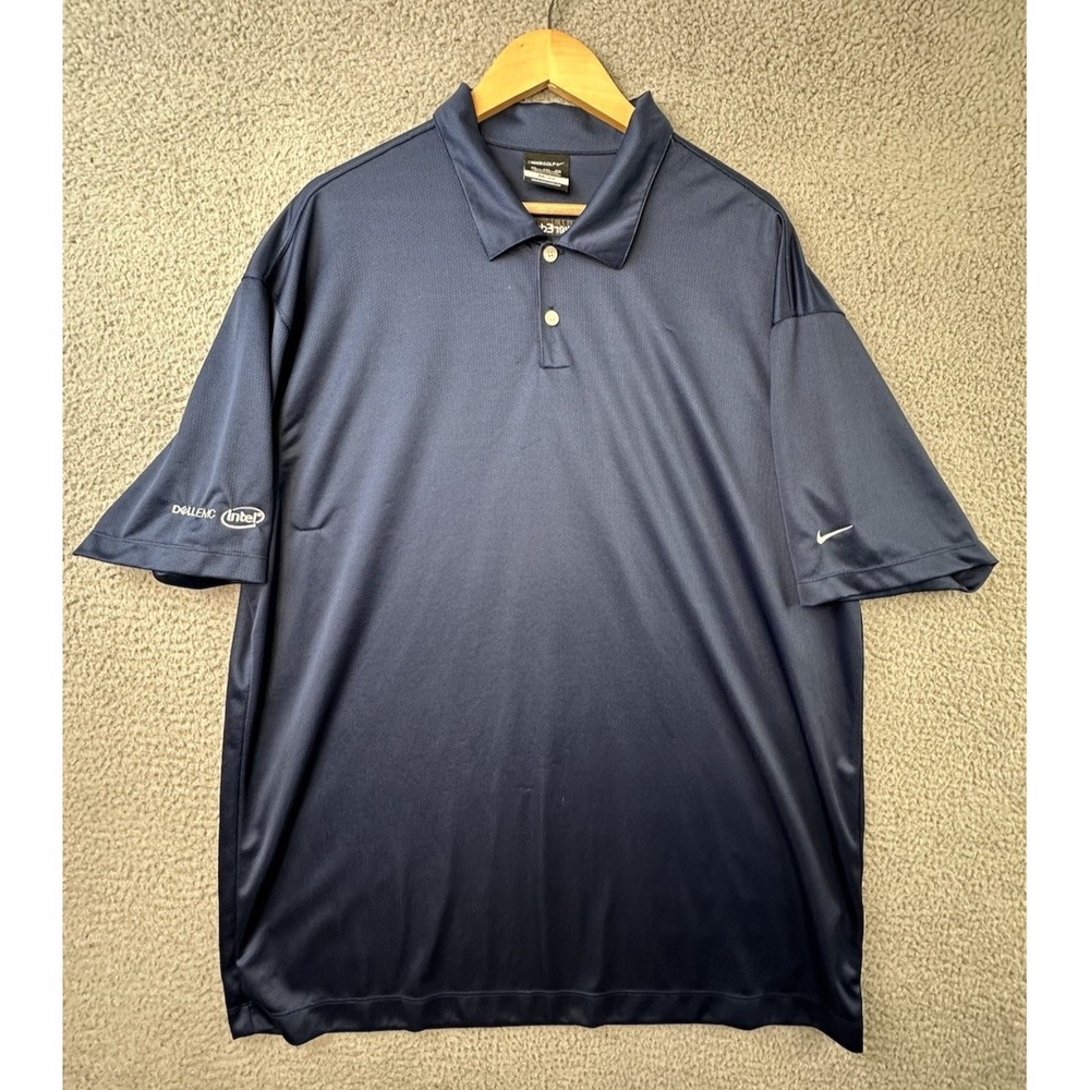 Nike Golf Dri-FIT Polo Shirt Mens 2XL Navy Blue Golf Performance Logos